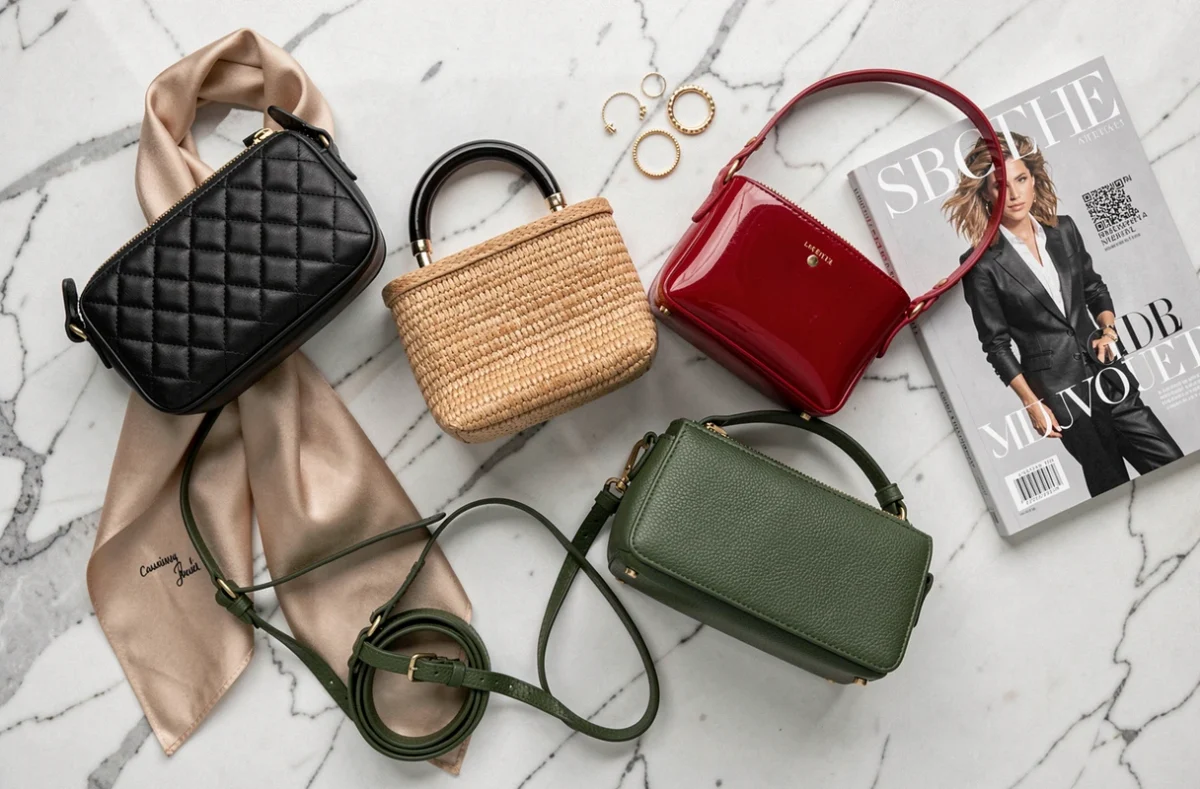 Flat-lay éditorial de quatre petits sacs à main 2026 en matières variées sur marbre blanc, tendances accessoires mode femme