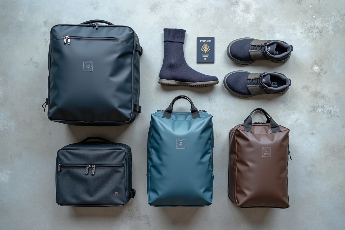 Flat lay de plusieurs sacs à chaussures imperméables de voyage de différentes tailles avec accessoires de bagages sur fond béton