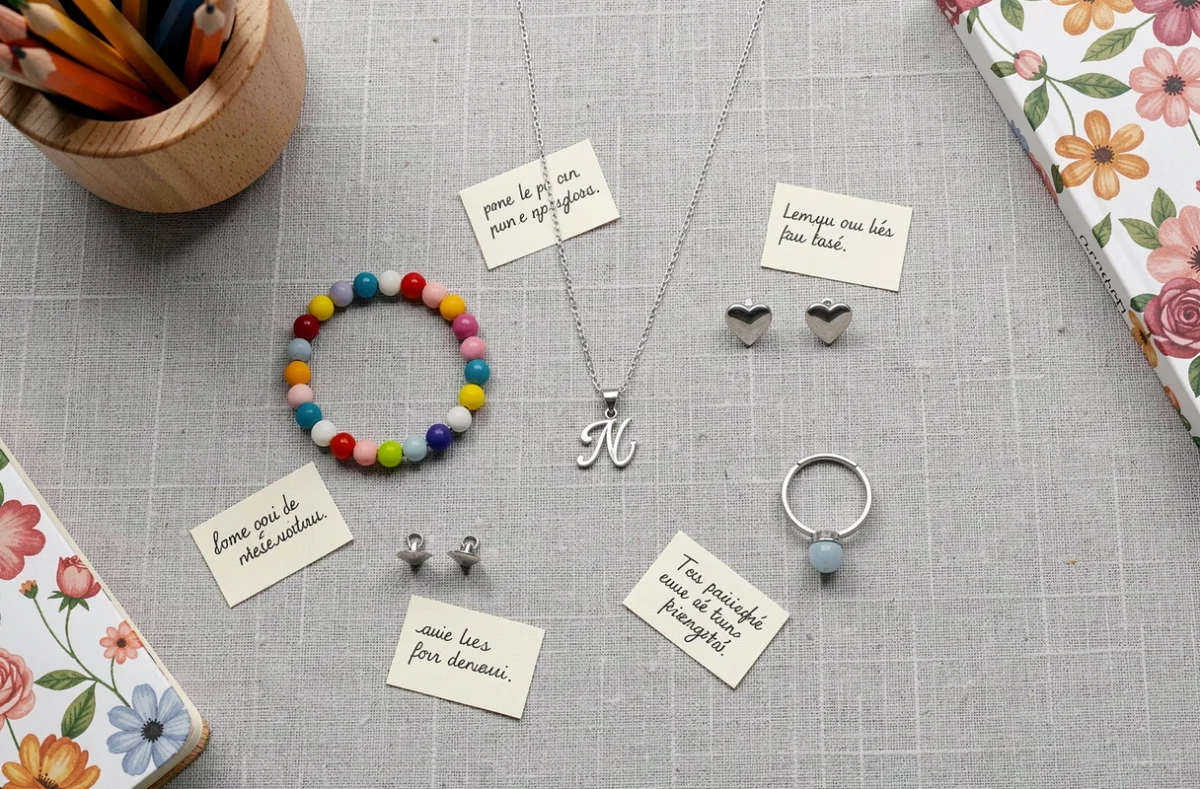 Flatlay de bijoux pour enfants selon l'âge : bracelet perlé, collier prénom en argent, boucles d'oreilles cœur et bague ajustable sur lin gris