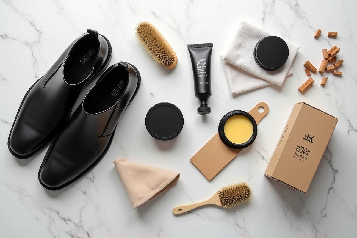 Flatlay de produits de cirage modernes avec bottines Chelsea noires sur marbre blanc pour entretien du cuir
