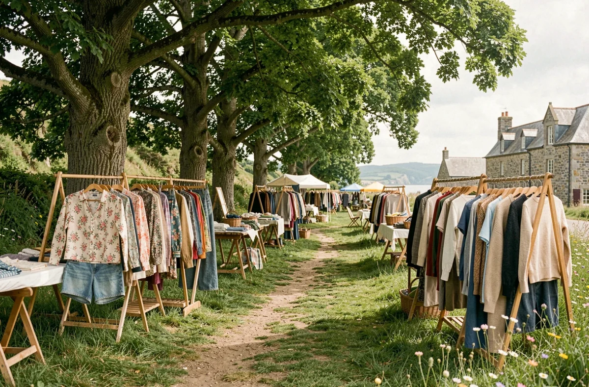 Friperie en plein air Prélude à Clohars-Carnoët avec des vêtements d'occasion exposés sur des tables et des racks dans un cadre champêtre breton verdoyant
