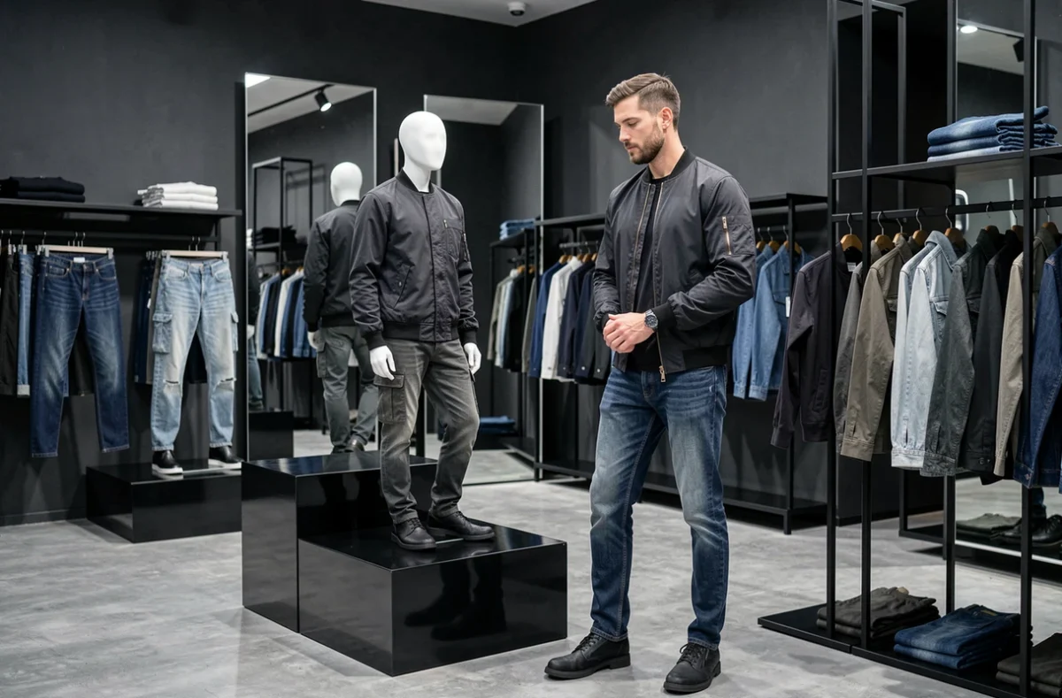 Intérieur du magasin G-Star Raw avec des jeans techniques et vestes premium exposés dans un espace sombre et architectural