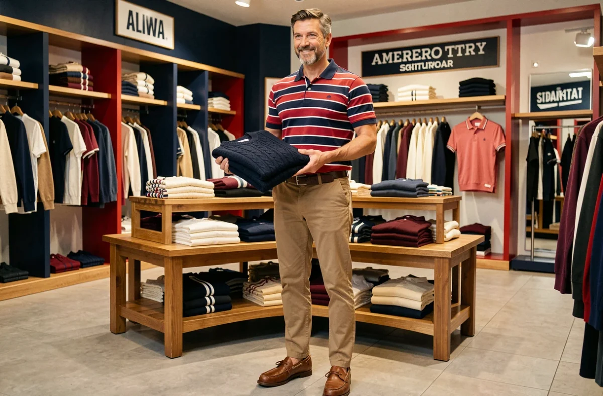 Un homme en tenue sportswear américain premium tient un pull dans la boutique Gant à Lille