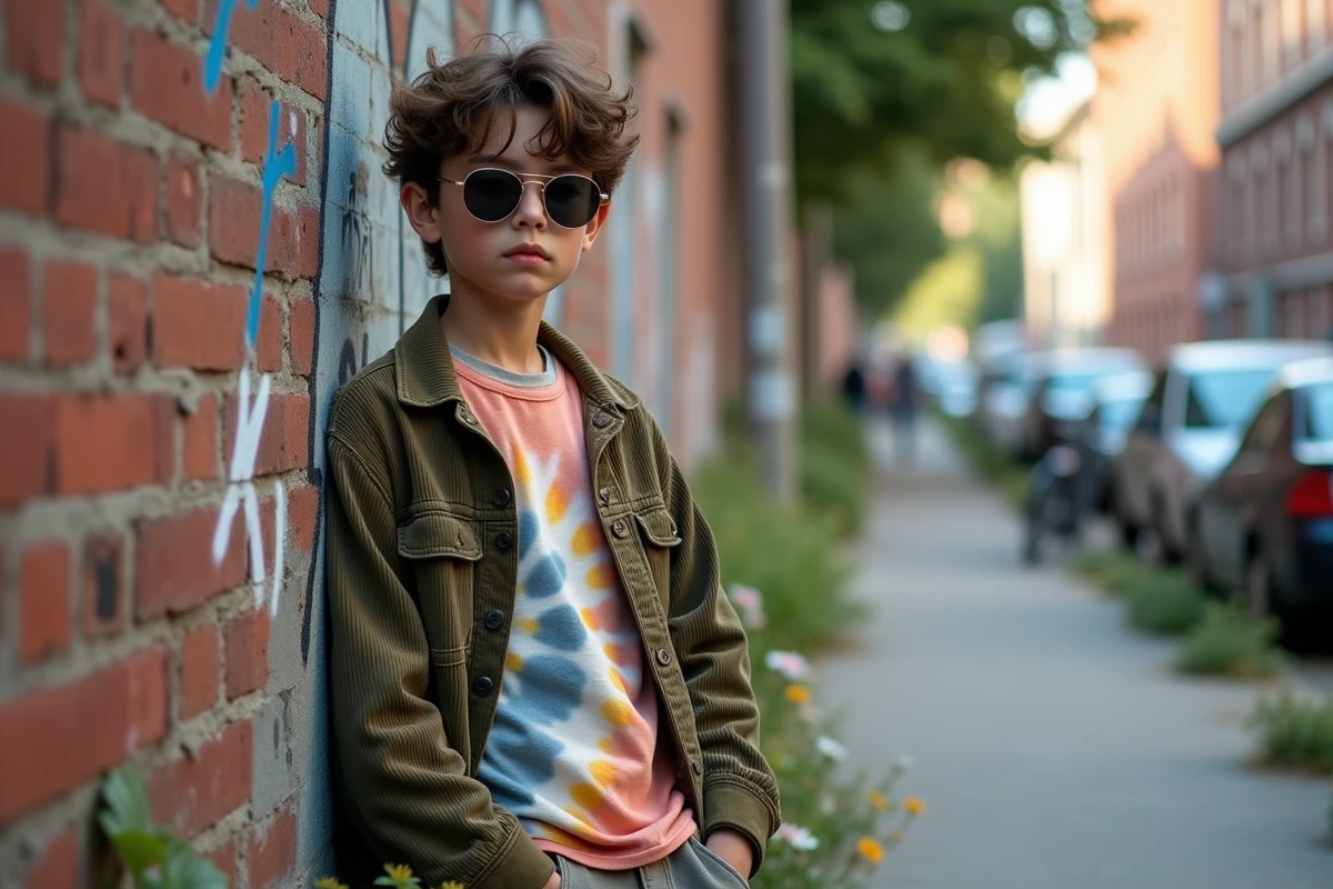 Jeune garçon en tenue décontractée contre un mur graffité en ville