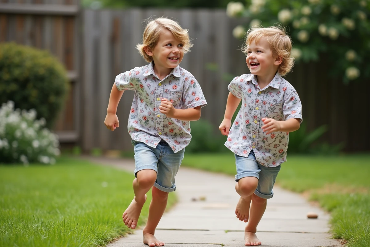 Deux garçons en chemises florales courant dans un jardin ensoleille
