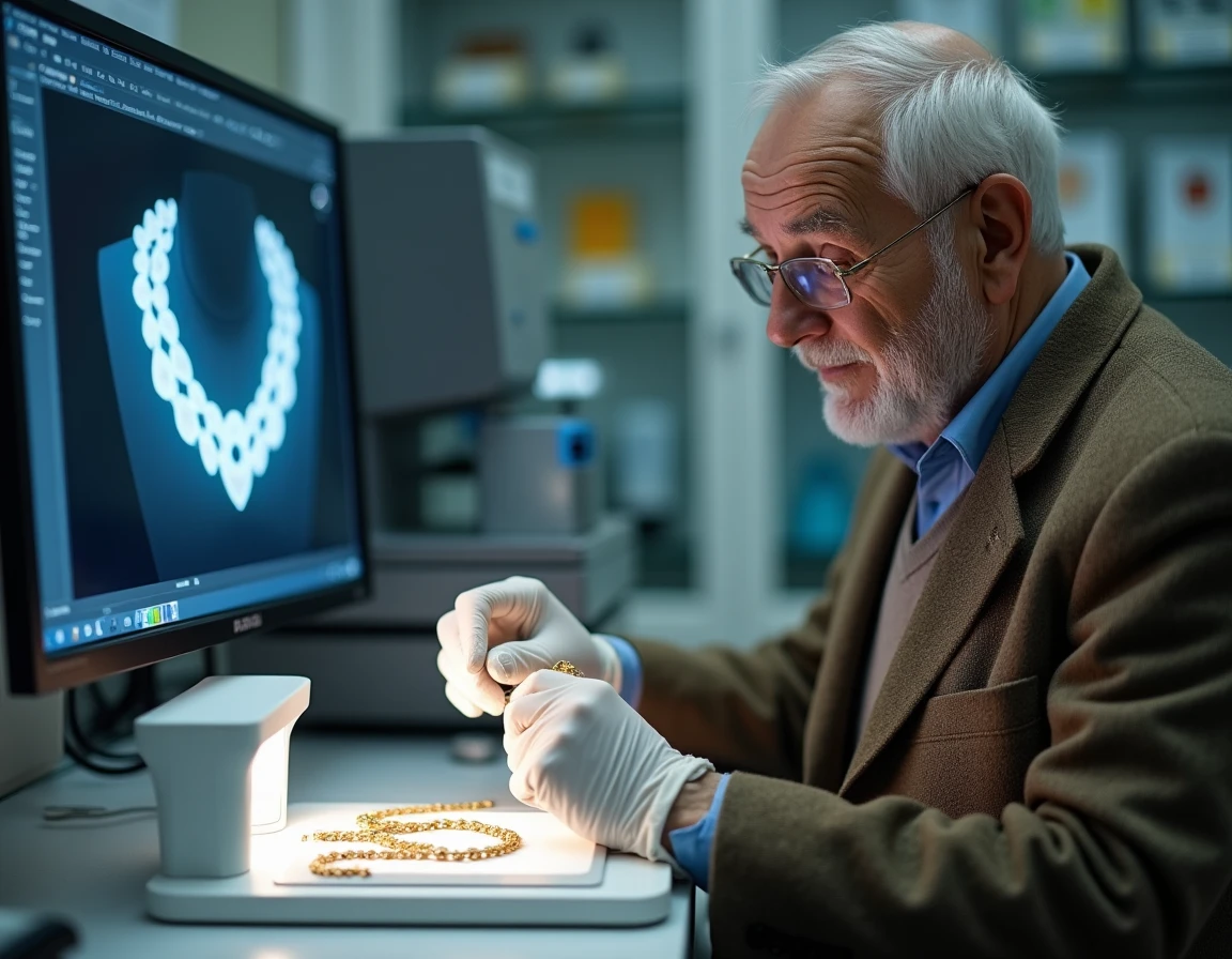 Expert gemmologue analysant un collier en or ancien avec un appareil d'expertise certifié dans un laboratoire professionnel