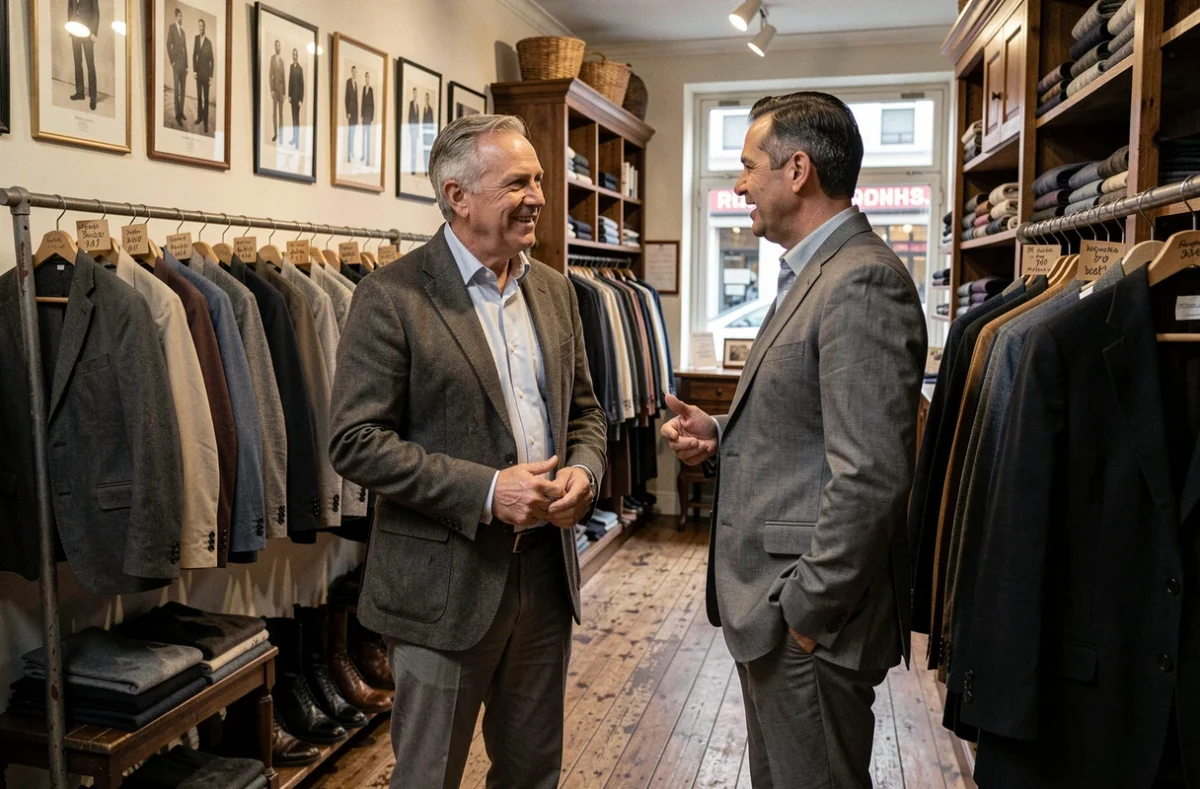 Un homme mature converse avec un vendeur dans la boutique Gérard Devlaminck à Roubaix