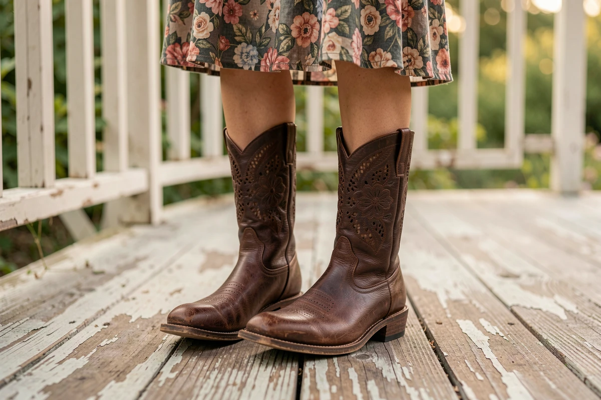 Gros plan de bottines country femme marron foncé avec découpes florales portées avec une jupe fleurie sur un porche en bois
