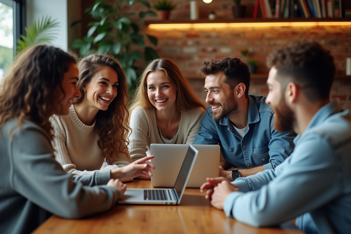 Groupe d amis discutant dans un café chaleureux