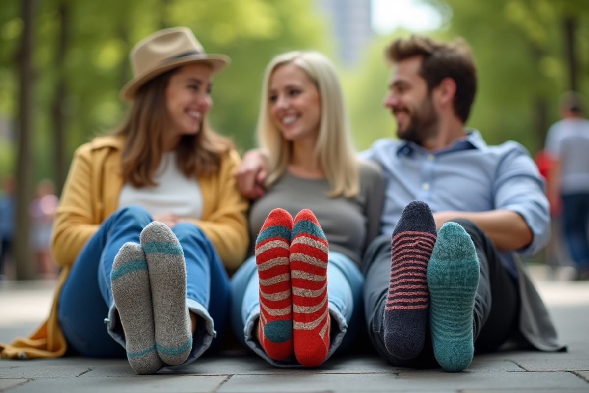 Groupe de jeunes avec chaussettes colorées dans un parc urbain