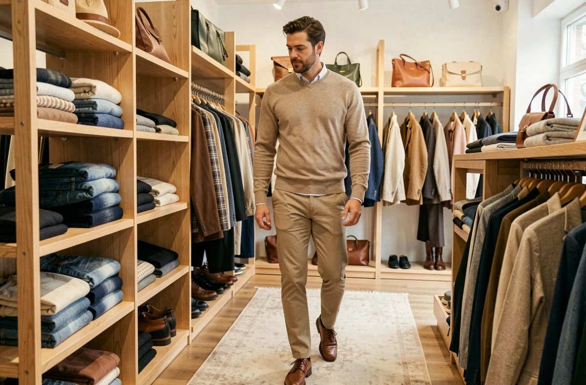 Un homme en tenue casual chic se promène dans la boutique Harris Wilson à Lille