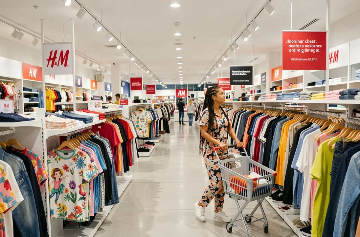 Intérieur du H&M de Nîmes avec des rayons de vêtements colorés et une cliente qui parcourt les portants dans un grand magasin moderne