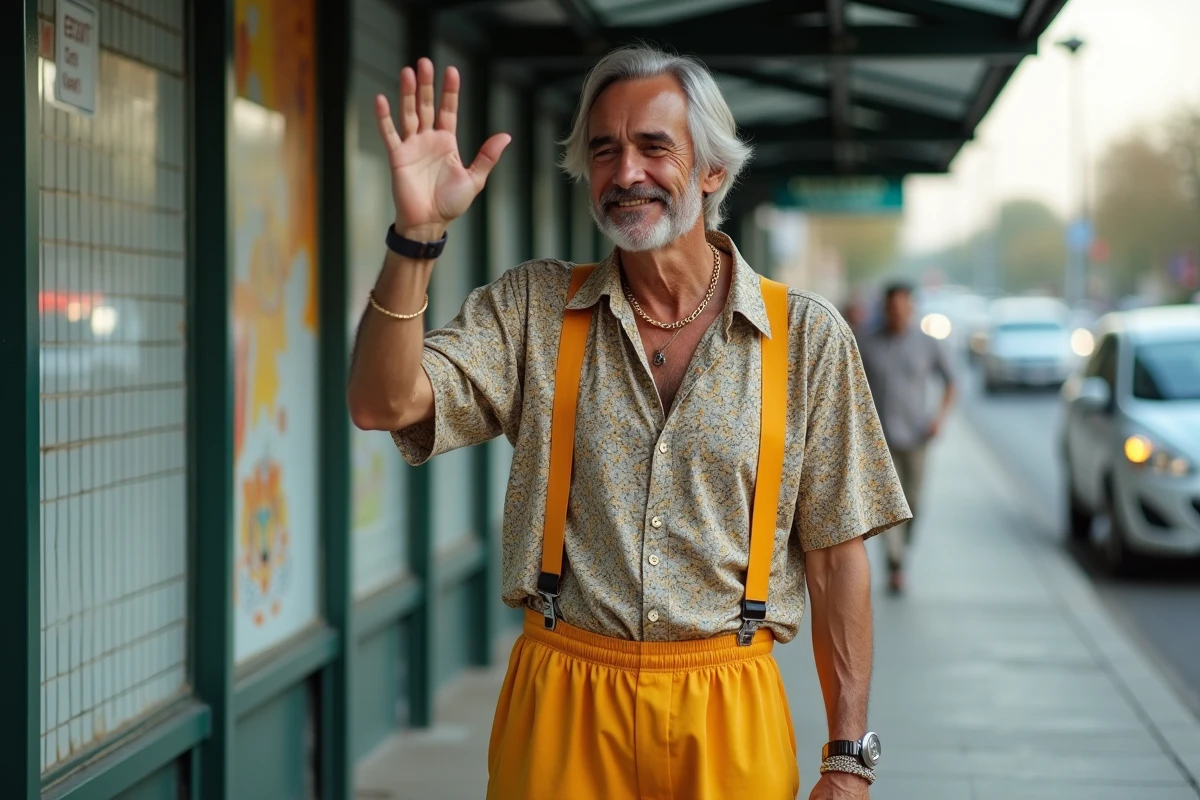 Homme souriant en style 1980s à un arrêt de bus urbain