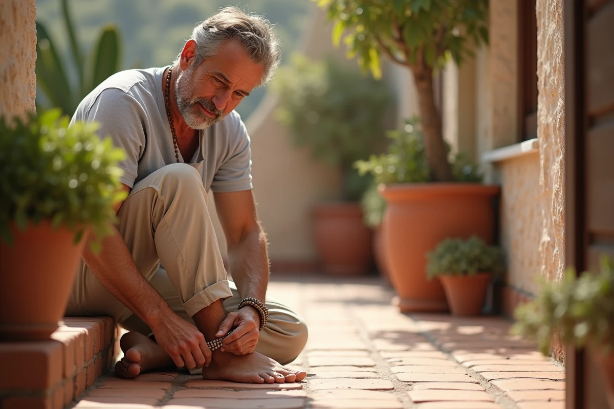 Homme en pantalon en lin pose sur une terrasse méditerranéenne