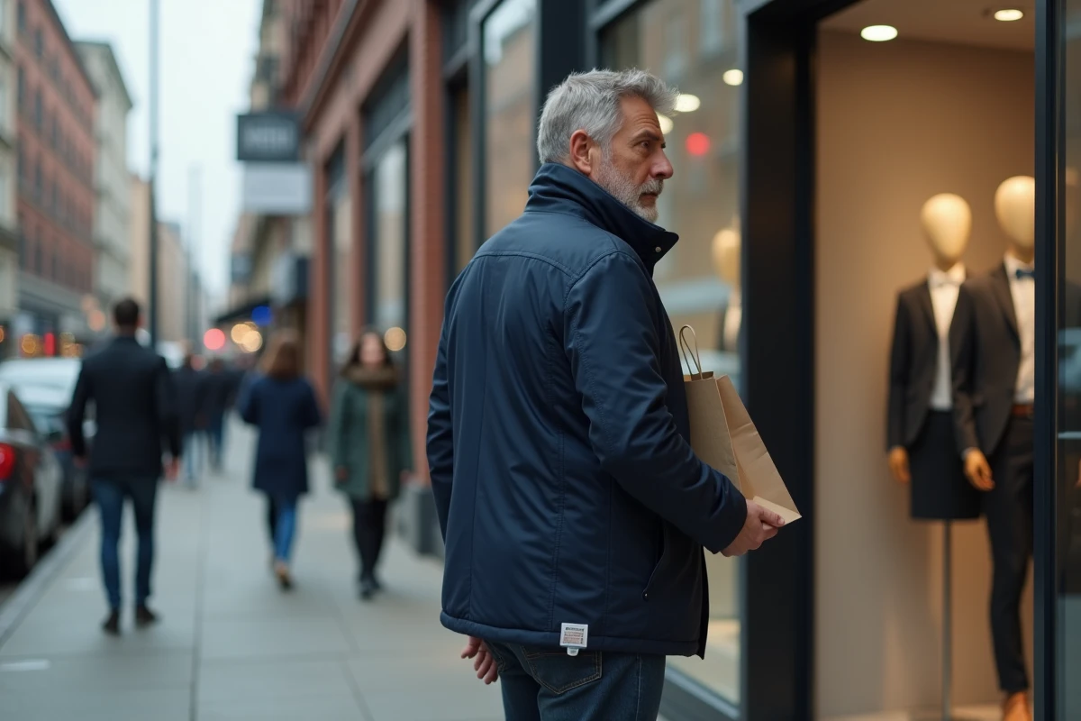 Homme devant l'entrée d'un magasin de vêtements avec un antivol encore fixé sur sa veste, envisageant de retourner en magasin pour le faire retirer