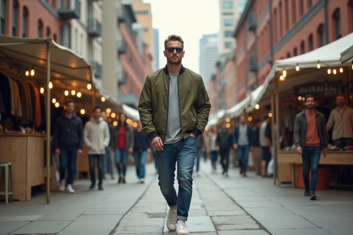 Homme en bomber olive marche dans un marché urbain