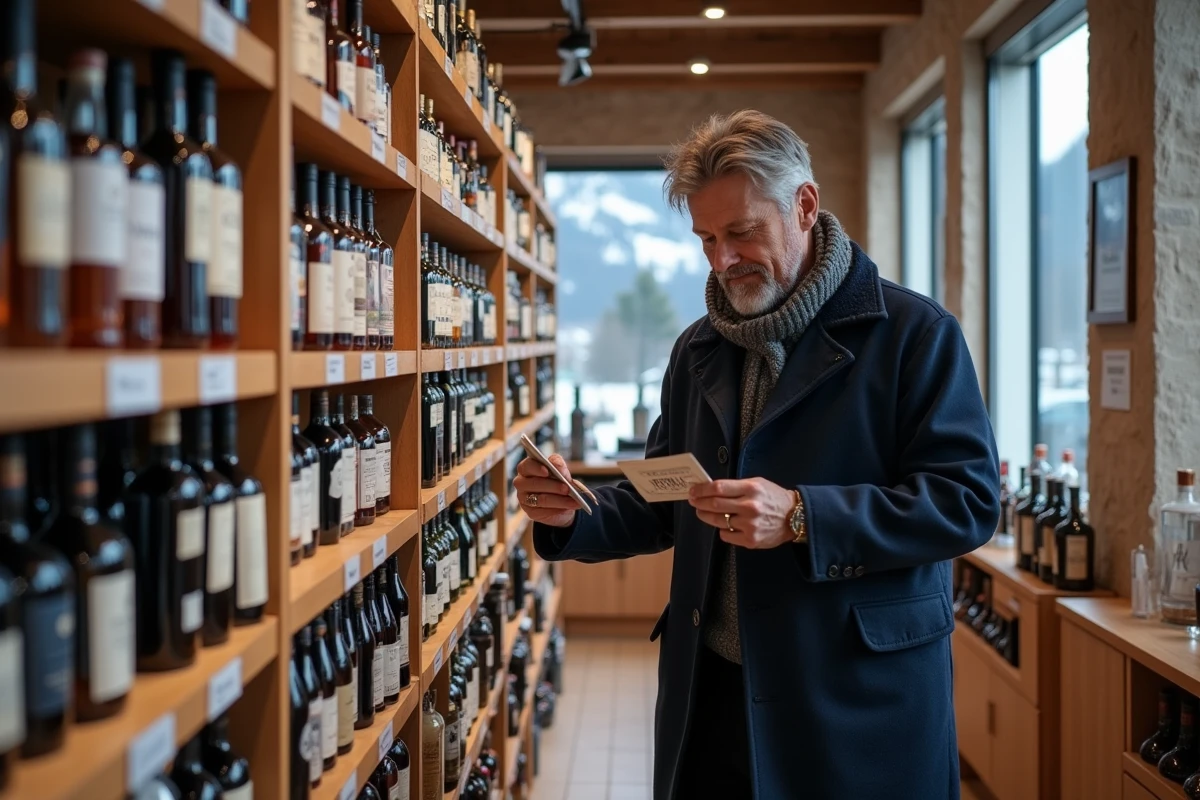 Homme d'âge moyen dans une boutique de Pas de la Case examine une bouteille de spiritueux