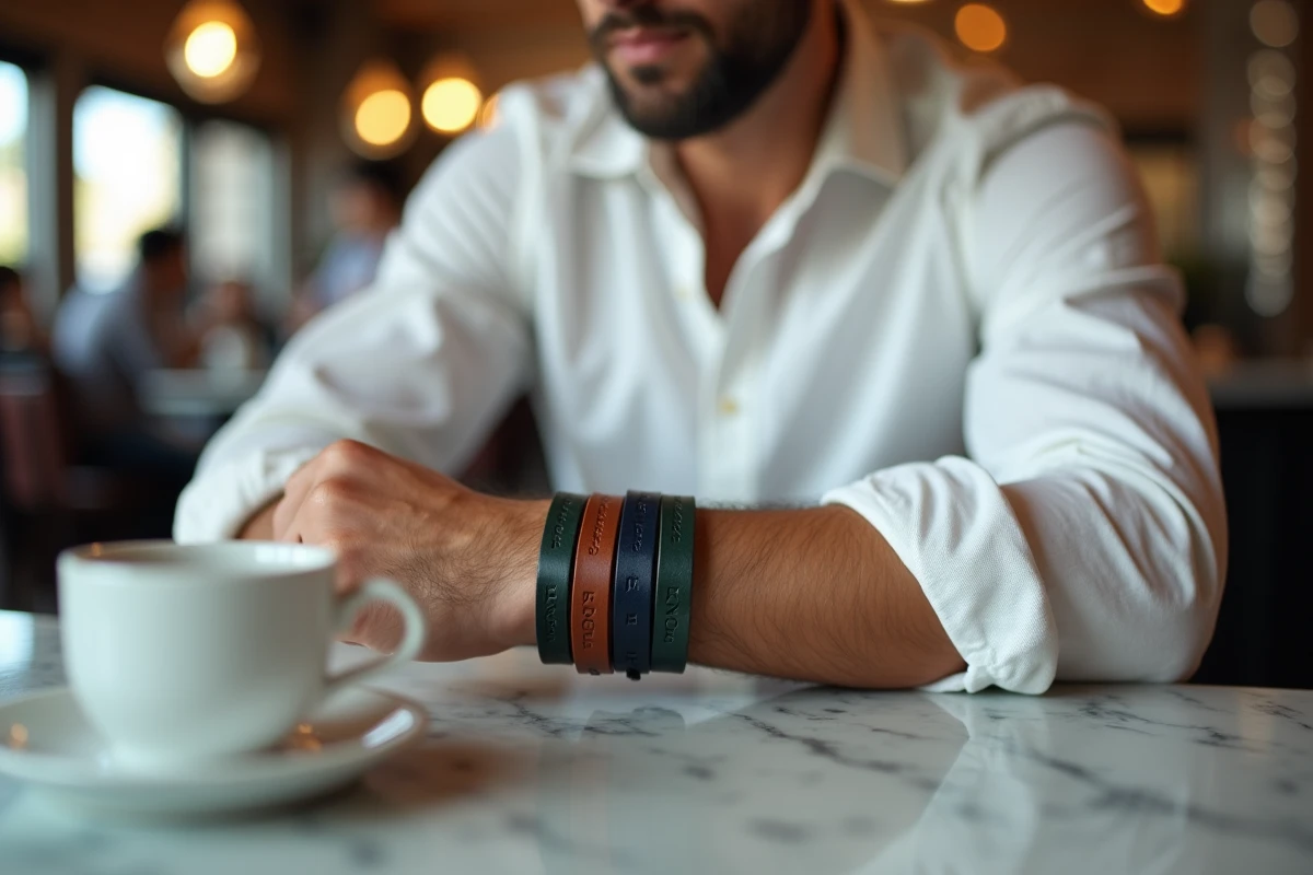 Homme portant des bracelets en cuir personnalisés empilés au poignet dans un café urbain