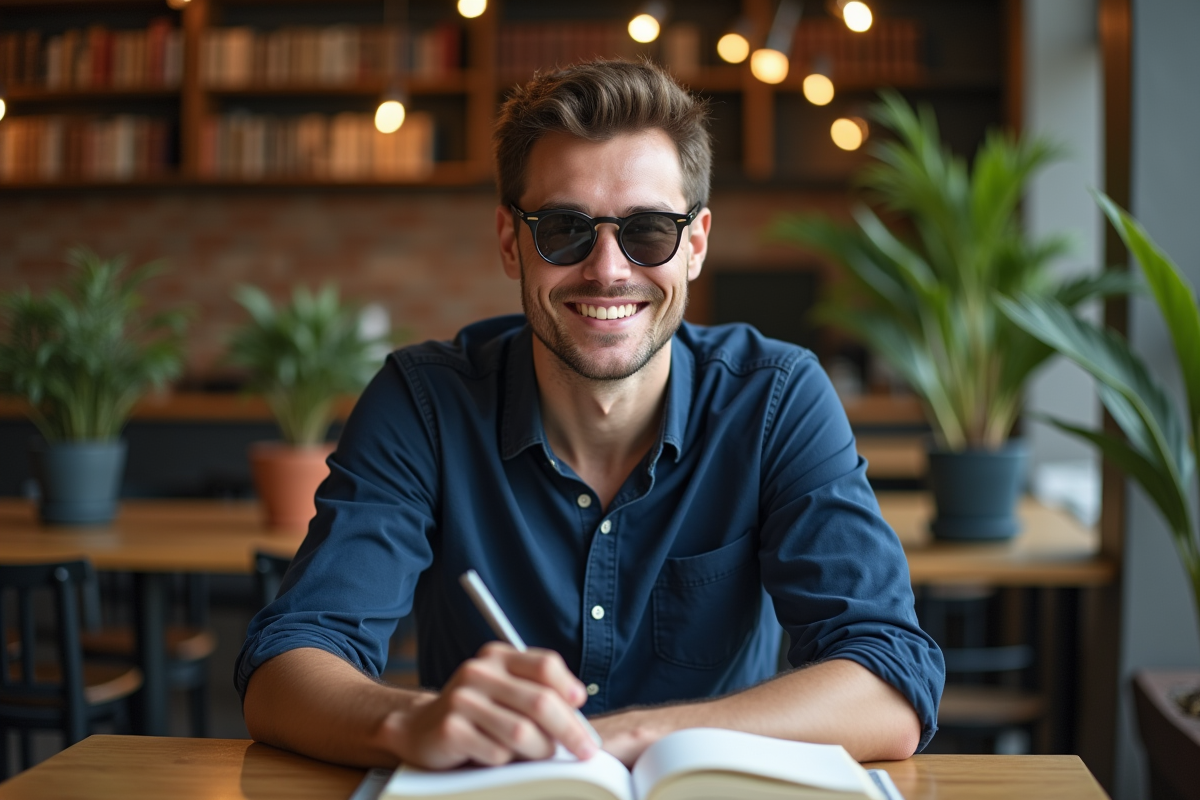 Homme détendu lisant dans un café avec livres et plantes