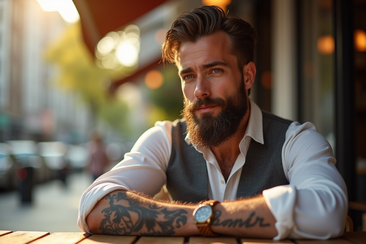 Homme élégant avec tatouage script sur le bras en café urbain
