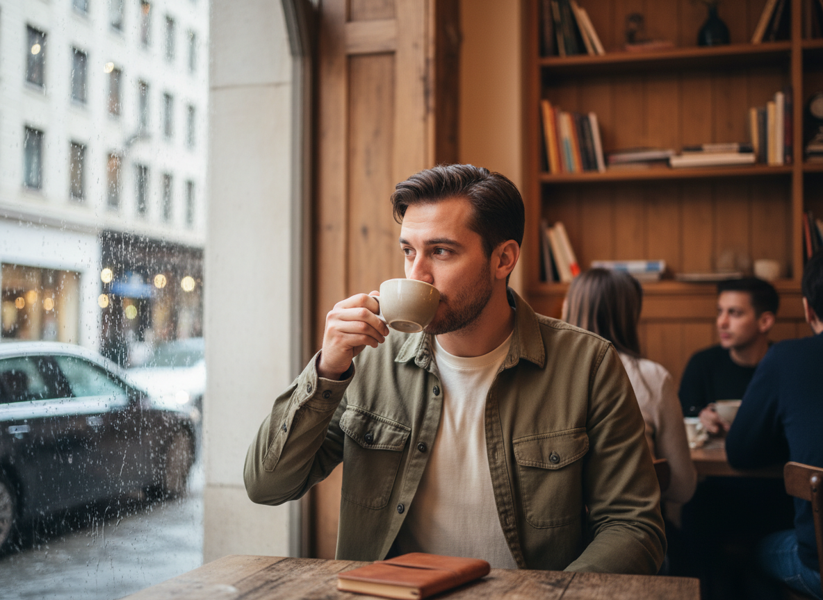 Homme pensif dans un café cosy en ville