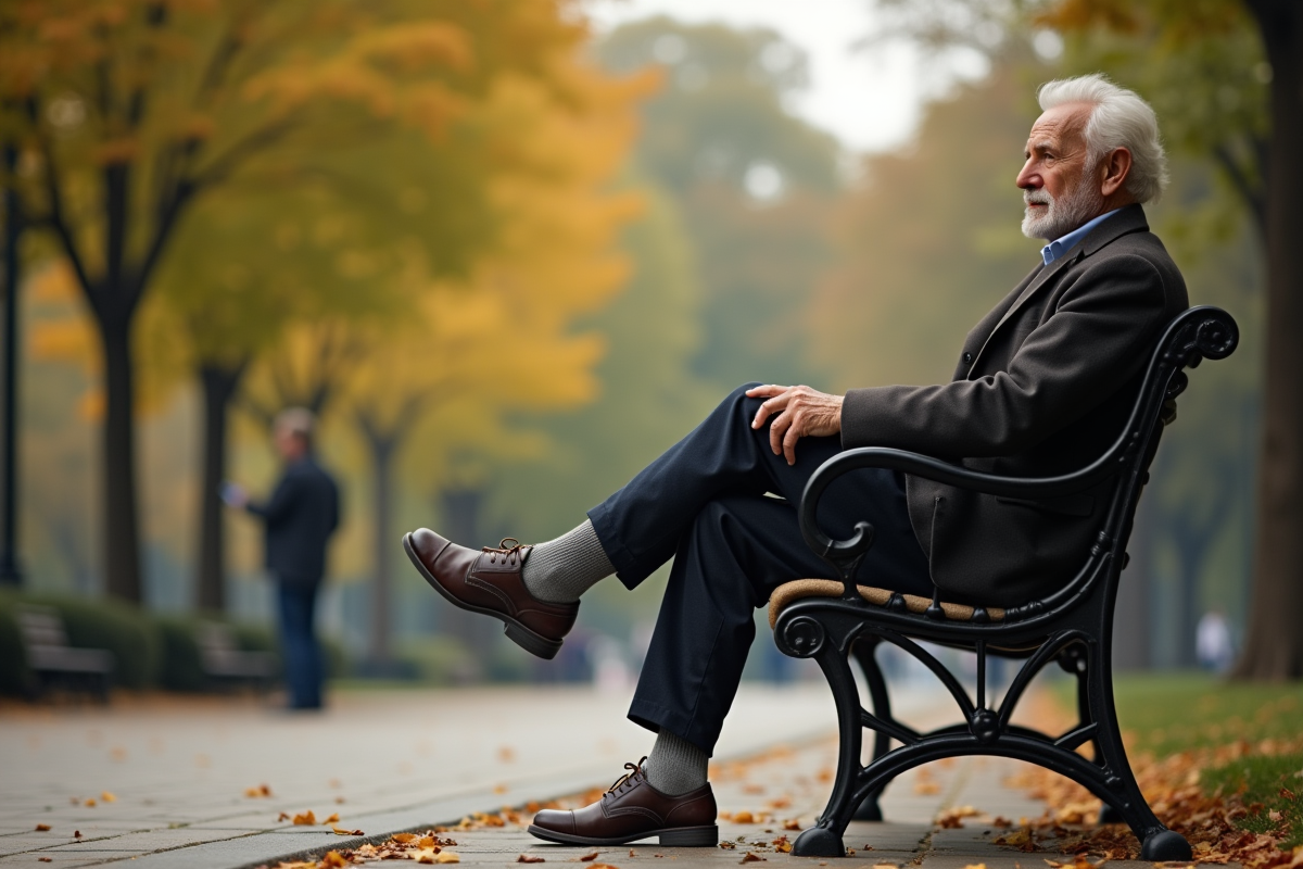 Homme âgé montrant ses chaussettes en coton dans un parc