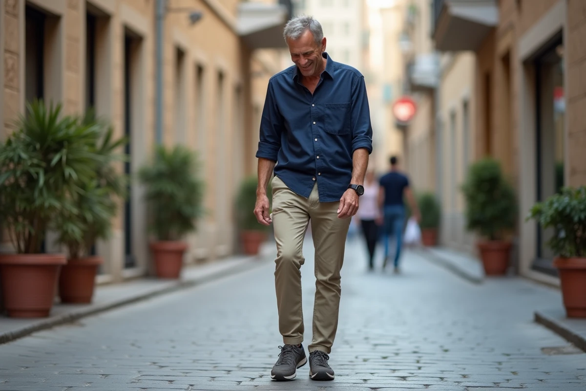 Homme portant des chaussures Sursell à soutien plantaire dans une rue piétonne européenne