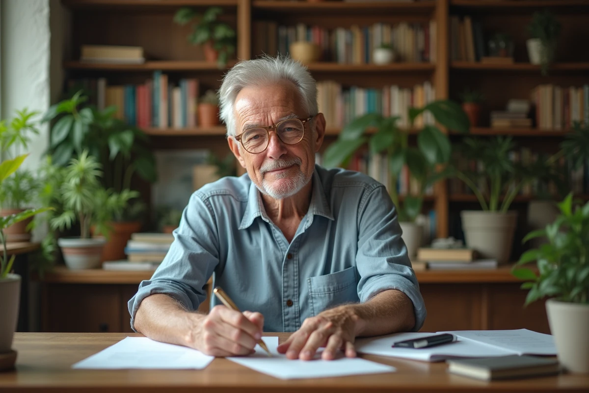 Homme âgé écrivant dans un bureau écologique