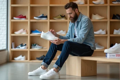 Homme en grande pointure essayant des baskets françaises dans une boutique parisienne spécialisée en chaussures