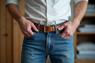 Homme en jeans ajustant sa ceinture dans une ambiance maison