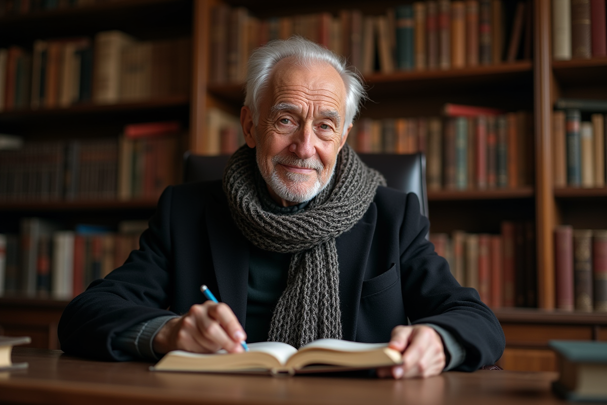 Homme âgé lisant un livre dans un bureau chaleureux