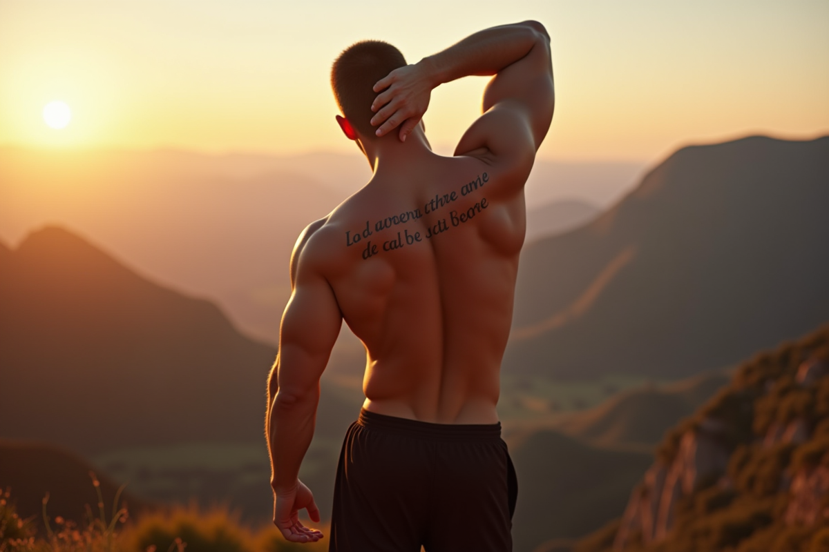 Homme musclé en montagne avec tatouage phrase inspirante