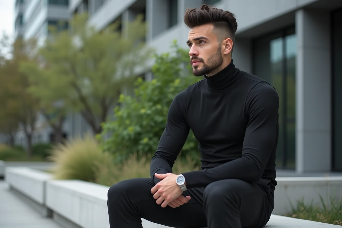 Homme en turtleneck noir assis sur un banc urbain