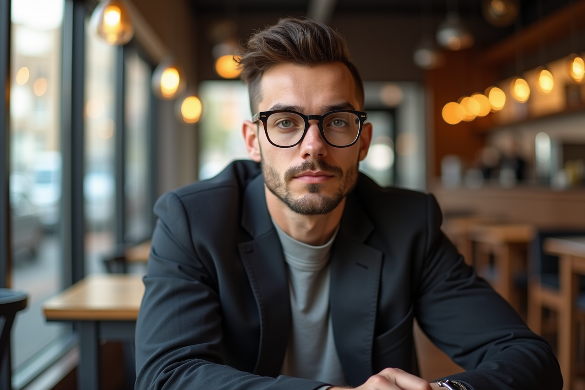 Homme avec lunettes rectangles dans un café urbain
