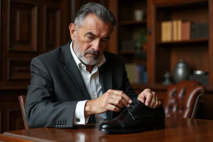 Homme en costume noir polissant une chaussure élégante