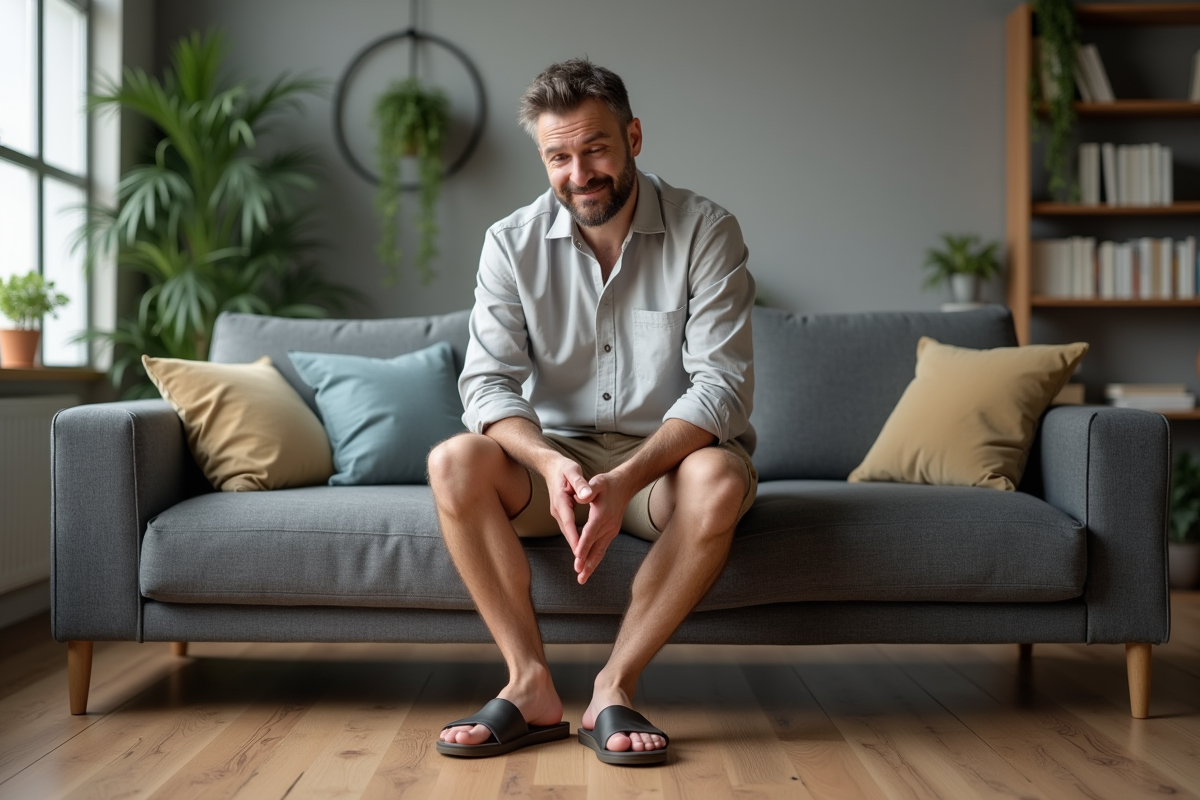 Homme retirant ses sandales dans un salon moderne