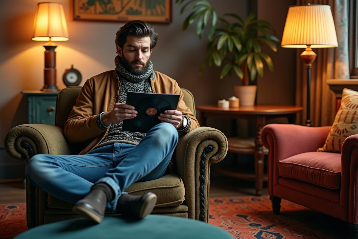 Homme relaxant dans un salon rétro avec mobilier éclectique