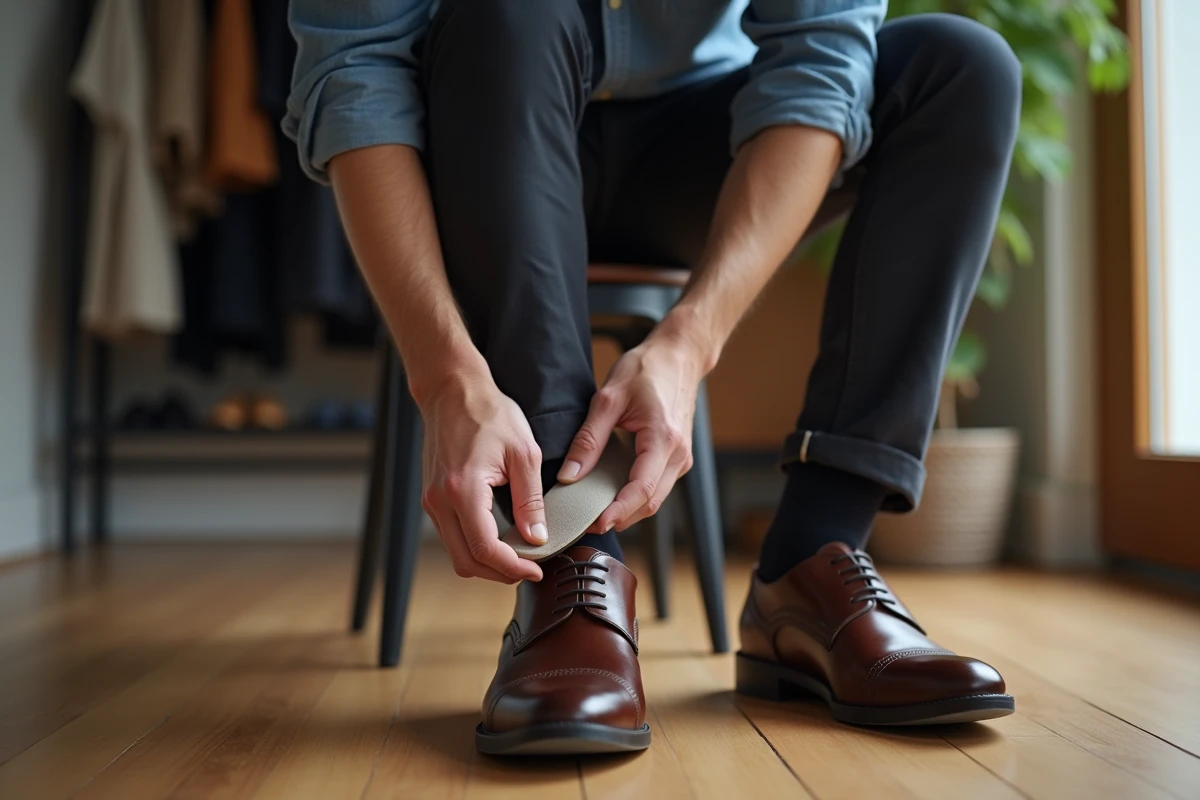 Homme insérant une semelle gel dans une chaussure en cuir trop grande pour améliorer le maintien