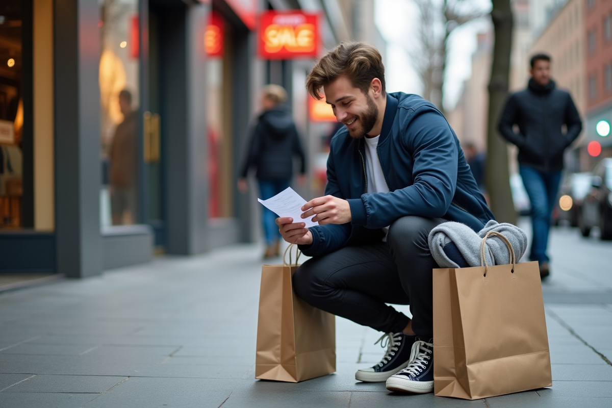 Jeune homme avec sacs de shopping en ville