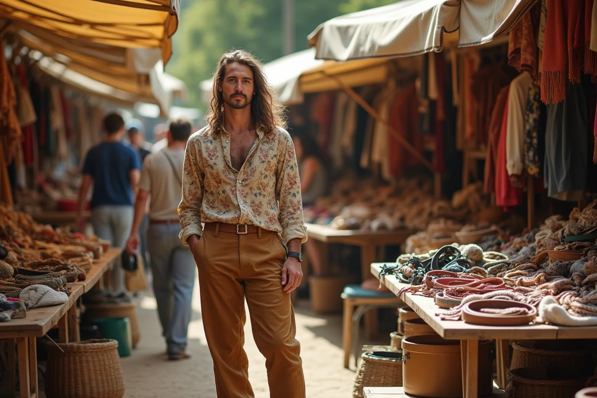 Homme aux cheveux longs en pantalon pattes d'éléphant corduroy et chemise bohème dans un marché aux puces vintage en plein air