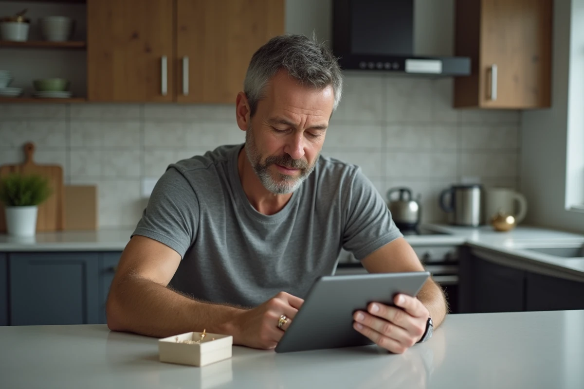 Homme vérifiant un collier croix en or reçu par colis lors d'un achat en ligne depuis une tablette dans une cuisine