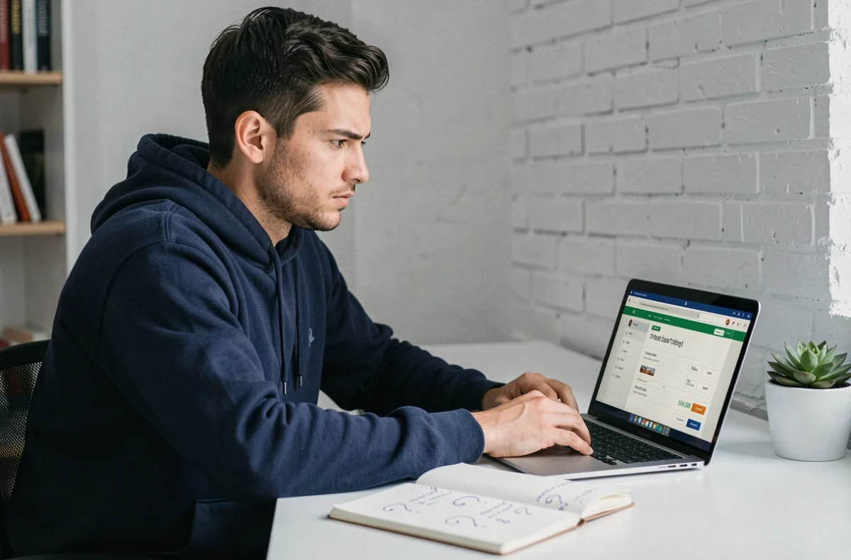 Homme analysant attentivement une confirmation de réservation de voyage en ligne avec des notes de précautions