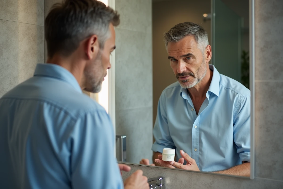 Homme regardant étiquette crème dans salle de bain moderne