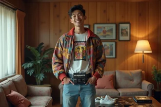 Homme en costume vintage 1980s dans un salon rétro