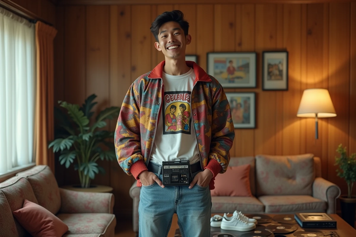 Homme en costume vintage 1980s dans un salon rétro