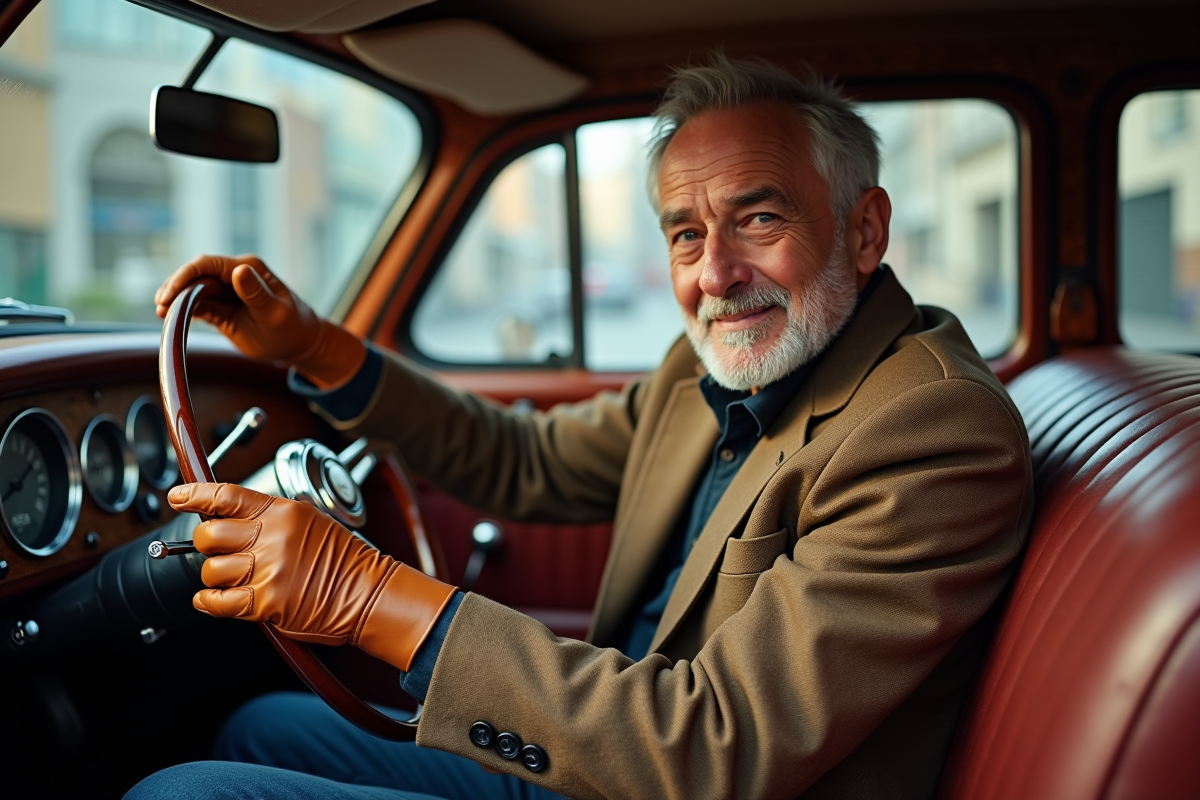 Homme mature dans une voiture vintage en ville