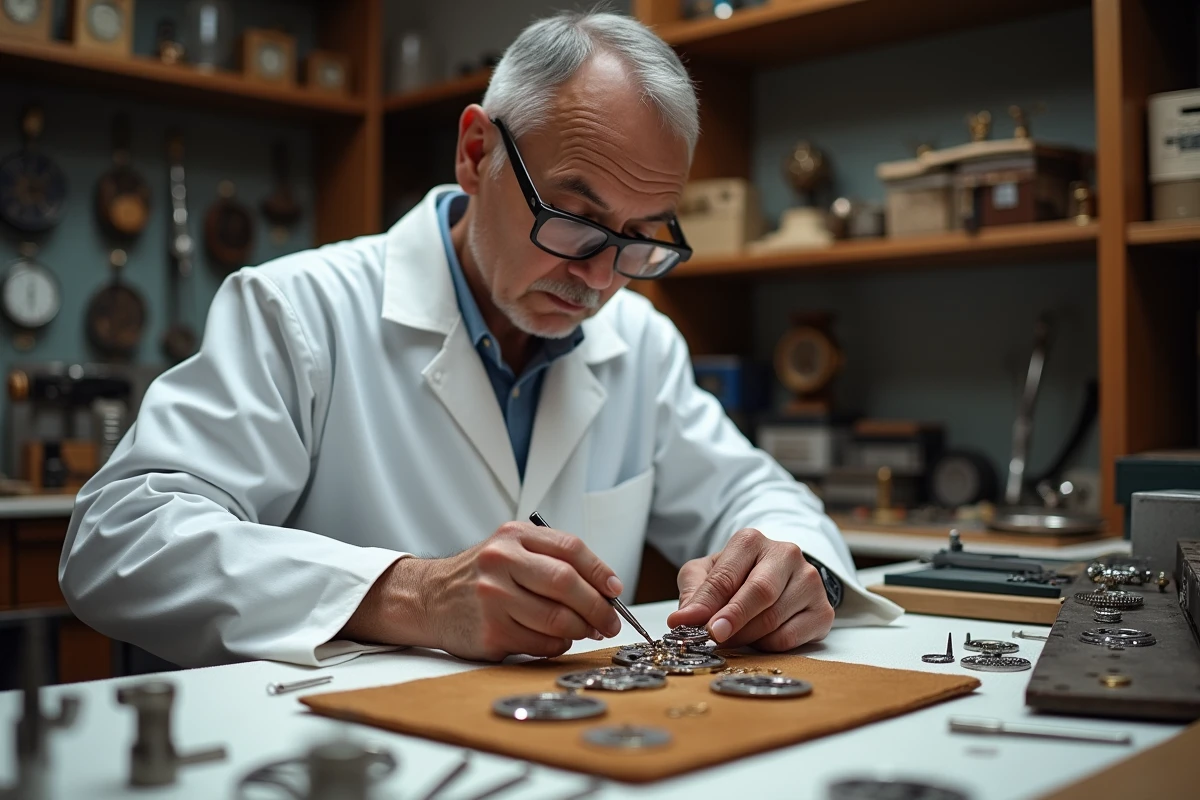 Horloger expert examinant un mouvement mécanique de montre de luxe à la loupe dans un atelier d'horlogerie traditionnel suisse.
