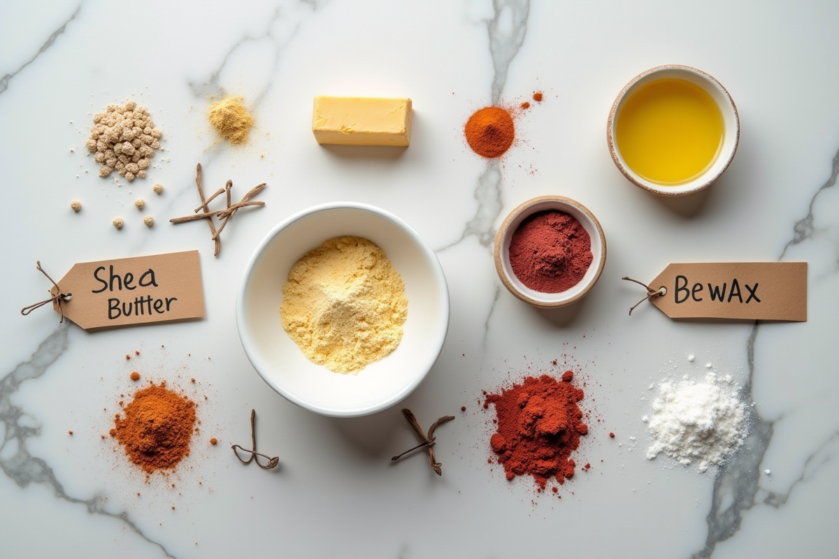 Ingrédients pour rouge à lèvres maison sur planche de cuisine moderne