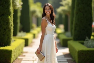 Invitée de mariage portant une robe blanche ivoire mi-longue en dentelle dans un jardin fleuri