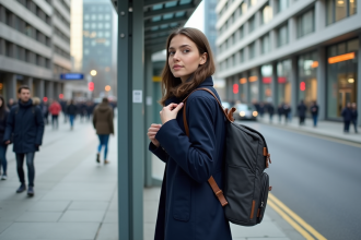 Jeune femme en ville ajustant son sac à dos urbain